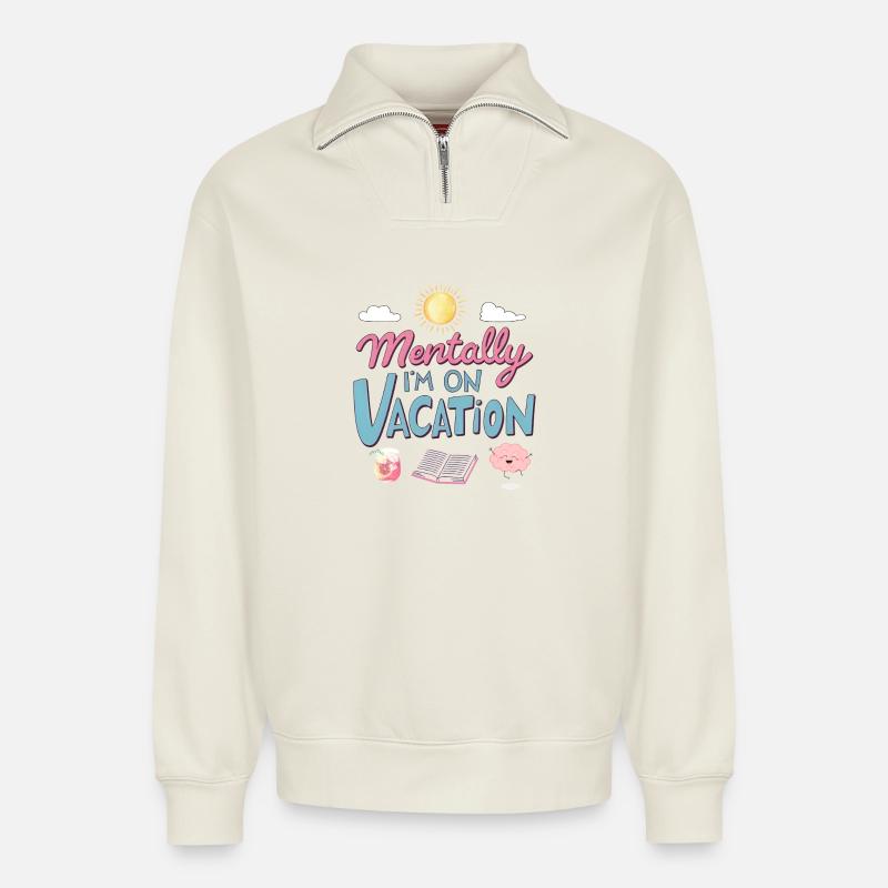 Mentally Somewhere Else Retro Design - Relaxed Unisex Organic Half Zip Sweatshirt – von SPREAD - Naturweiß