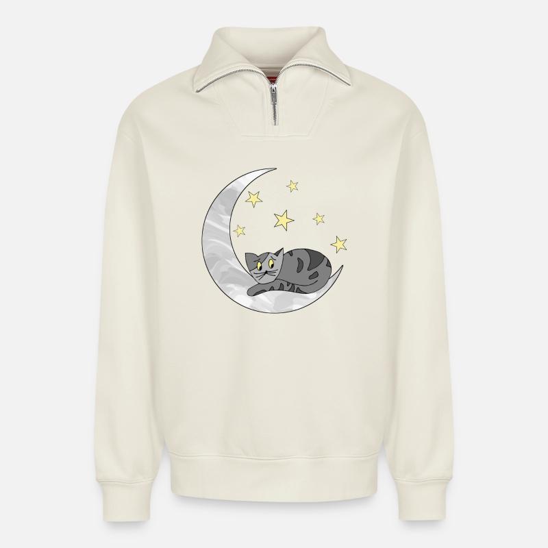 chat - Sweat unisexe décontracté en coton biologique à demi-zip – de SPREAD - blanc cassé