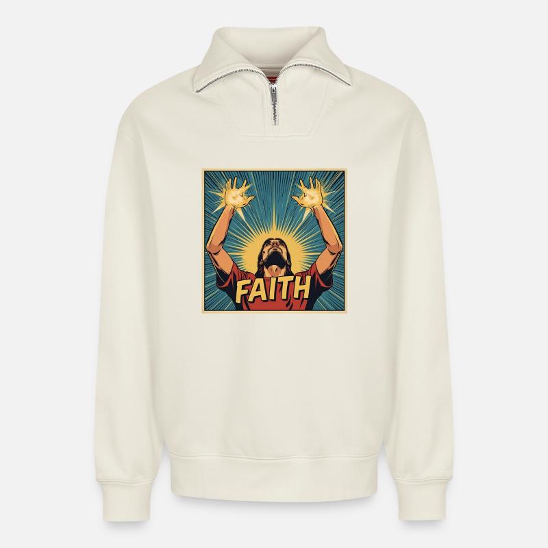 Glaubenskraft im Comic-Stil - Relaxed Unisex Organic Half Zip Sweatshirt – von SPREAD - Naturweiß