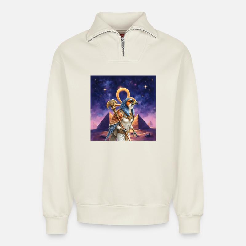 Pharaon Guerrier Oiseau - Sweat unisexe décontracté en coton biologique à demi-zip – de SPREAD - blanc cassé