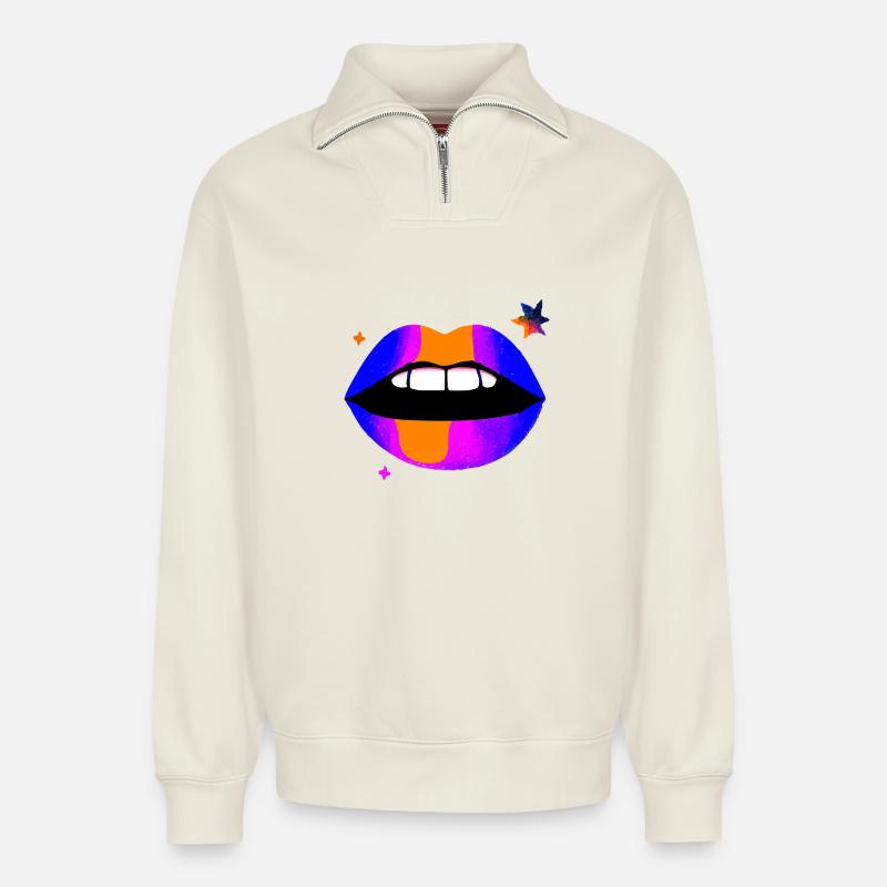 Neon Regenbogen Lippen - Relaxed Unisex Organic Half Zip Sweatshirt – von SPREAD - Naturweiß