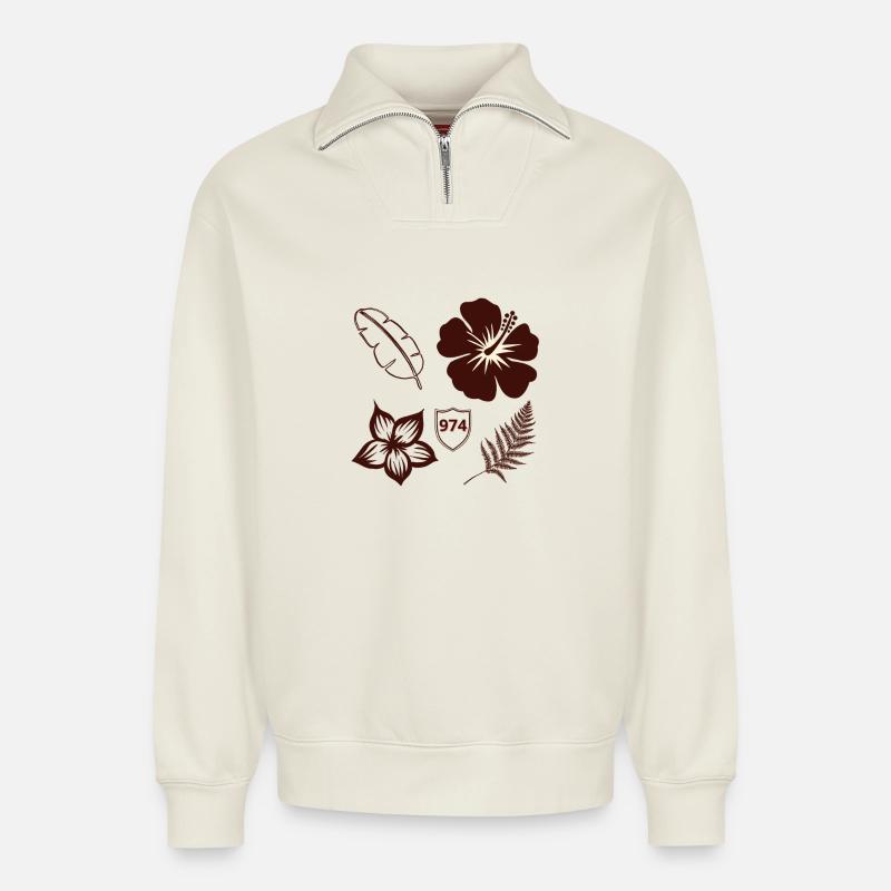 Hibiscus Rétro 974 et Feuillage - Sweat unisexe décontracté en coton biologique à demi-zip – de SPREAD - blanc cassé