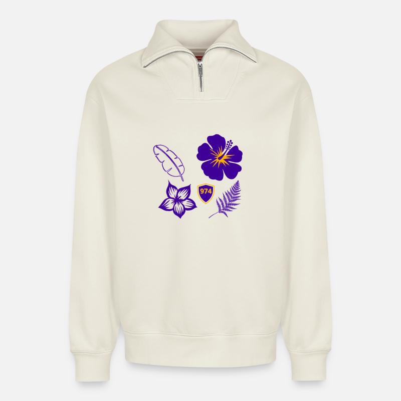 Hibiscus Violet Bouclier 974 - Sweat unisexe décontracté en coton biologique à demi-zip – de SPREAD - blanc cassé