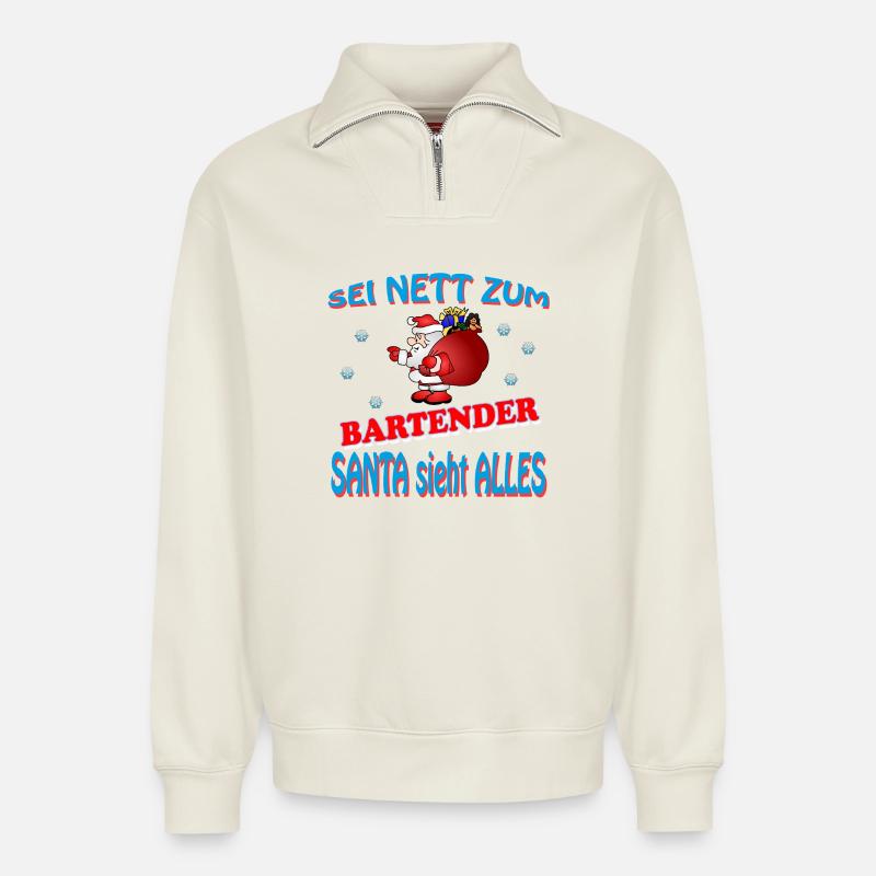 SANTA BARTENDER - Relaxed Unisex Organic Half Zip Sweatshirt – by SPREAD - off white