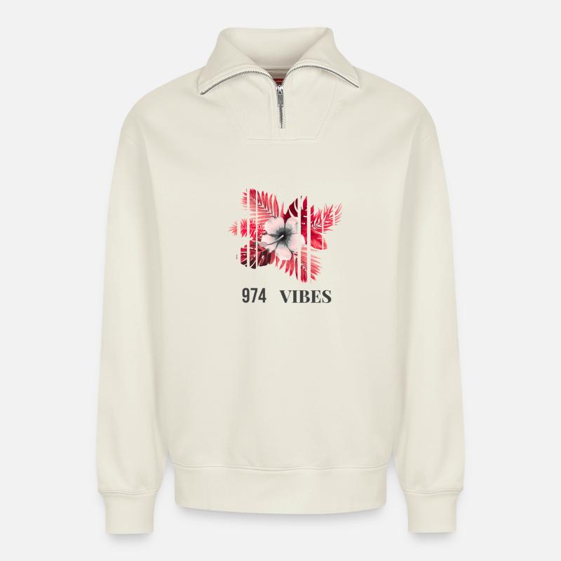 Vibes 974 Hibiscus Tropical - Relaxed Unisex Organic Half Zip Sweatshirt – von SPREAD - Naturweiß