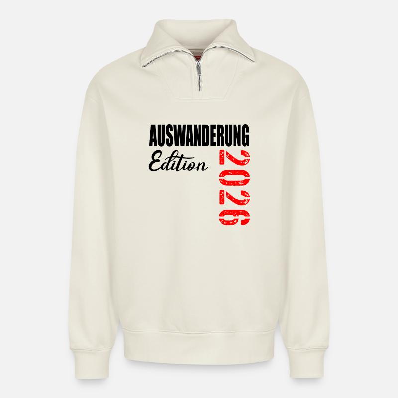 EMIGRATION 2026 EMIGRATE - Relaxed Unisex Organic Half Zip Sweatshirt – by SPREAD - off white