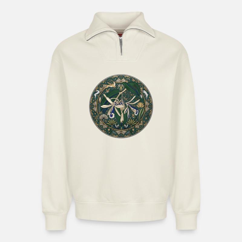 Orchidée vanille et feuillage - Sweat unisexe décontracté en coton biologique à demi-zip – de SPREAD - blanc cassé