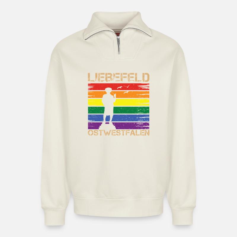 Liebefeld ❤ Leineweber PRIDE - Relaxed Unisex Organic Half Zip Sweatshirt – von SPREAD - Naturweiß