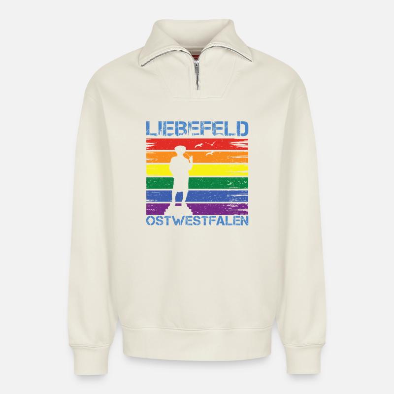 Liebefeld ❤ Leineweber PRIDE - Sweat unisexe décontracté en coton biologique à demi-zip – de SPREAD - blanc cassé