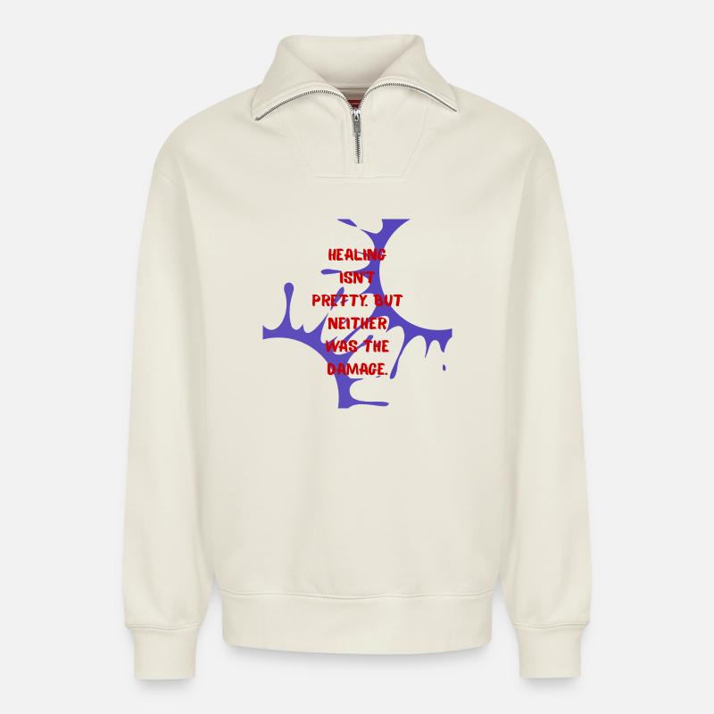 Heilsames Design - Relaxed Unisex Organic Half Zip Sweatshirt – von SPREAD - Naturweiß