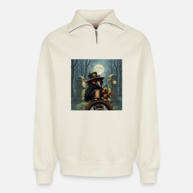 Nacht-Steampunk-Rabe - Relaxed Unisex Organic Half Zip Sweatshirt – von SPREAD - Naturweiß