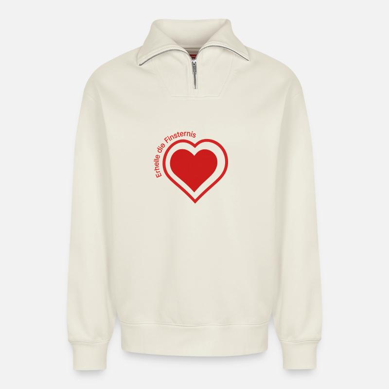 Erhelle die Finsternis Herz - Relaxed Unisex Organic Half Zip Sweatshirt – von SPREAD - Naturweiß