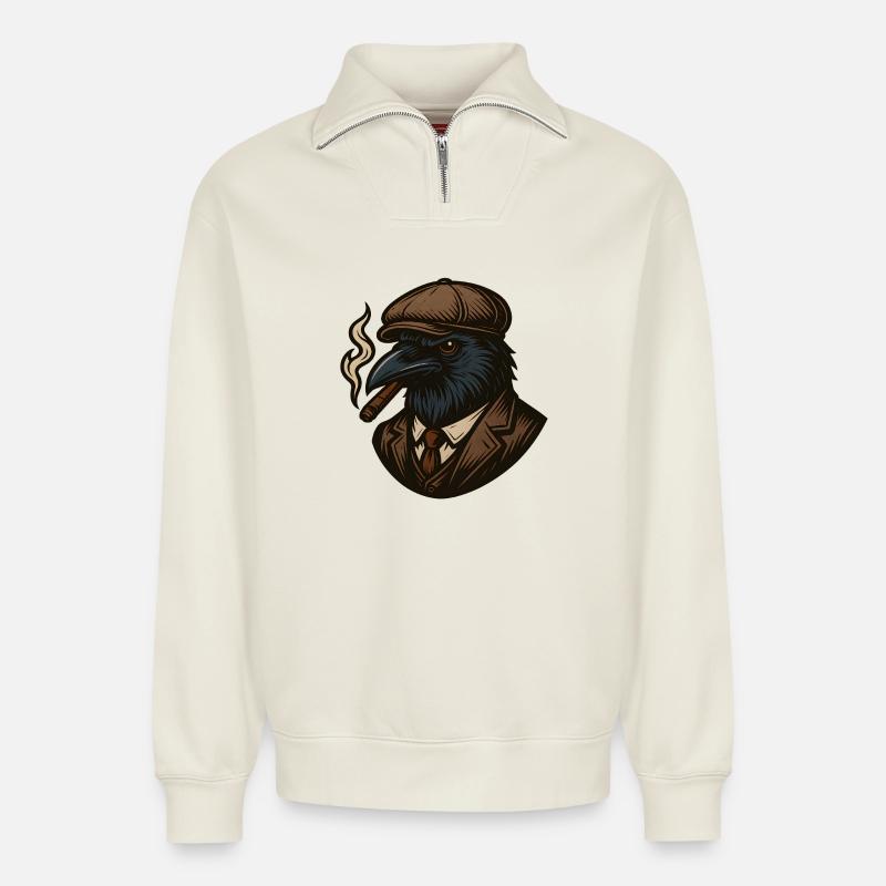 Krähengangster mit Zigarre - Relaxed Unisex Organic Half Zip Sweatshirt – von SPREAD - Naturweiß