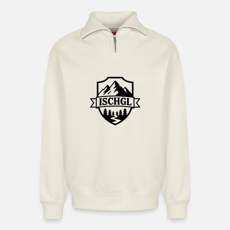 Ischgl - Souvenir Design - Relaxed Unisex Organic Half Zip Sweatshirt – von SPREAD - Naturweiß