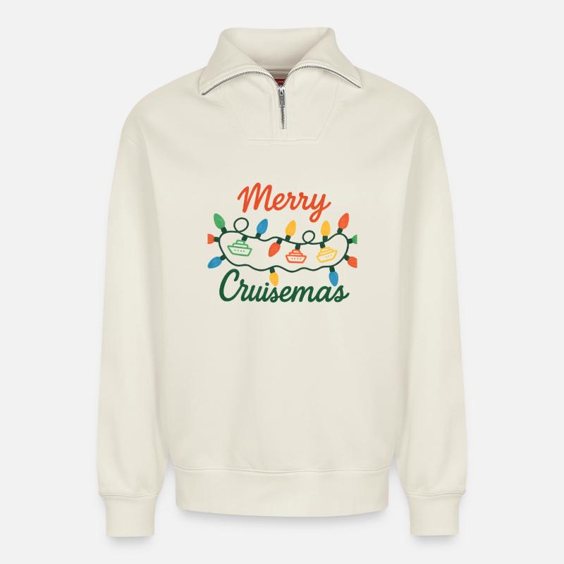 Joyeuse croisière Lumières de Noël - Sweat unisexe décontracté en coton biologique à demi-zip – de SPREAD - blanc cassé