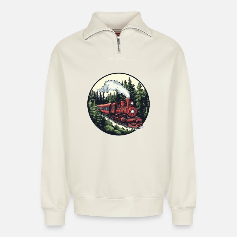 Dampflok im Wald - Relaxed Unisex Organic Half Zip Sweatshirt – von SPREAD - Naturweiß