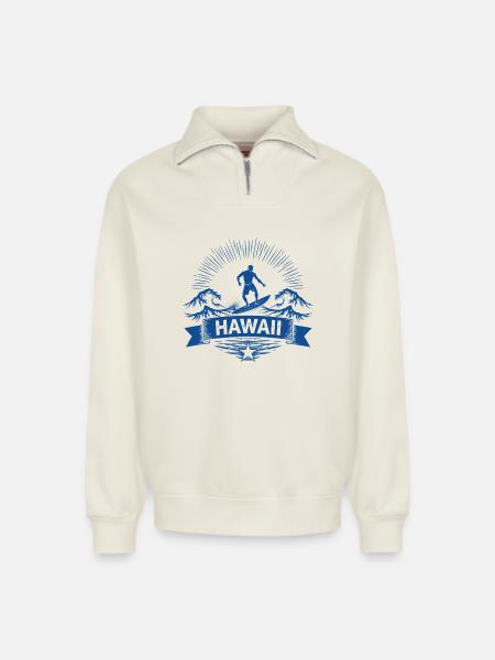 Hawaii Surfer Surfer on Pacific Wave - Relaxed Unisex Organic Half Zip Sweatshirt – by SPREAD - off white