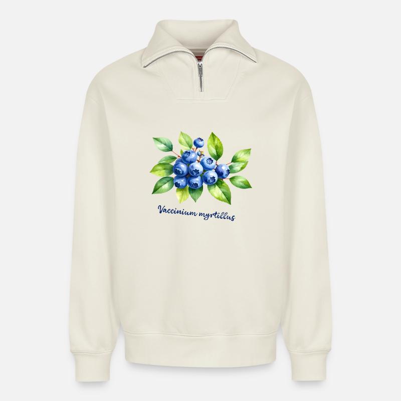 Illustration botanique de myrtille - Sweat unisexe décontracté en coton biologique à demi-zip – de SPREAD - blanc cassé