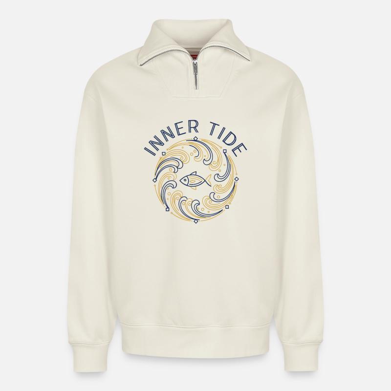 Rivière à marée intérieure - Sweat unisexe décontracté en coton biologique à demi-zip – de SPREAD - blanc cassé