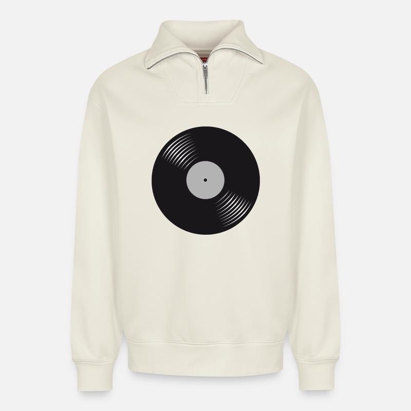 Disque vinyle noir stylisé - Sweat unisexe décontracté en coton biologique à demi-zip – de SPREAD - blanc cassé