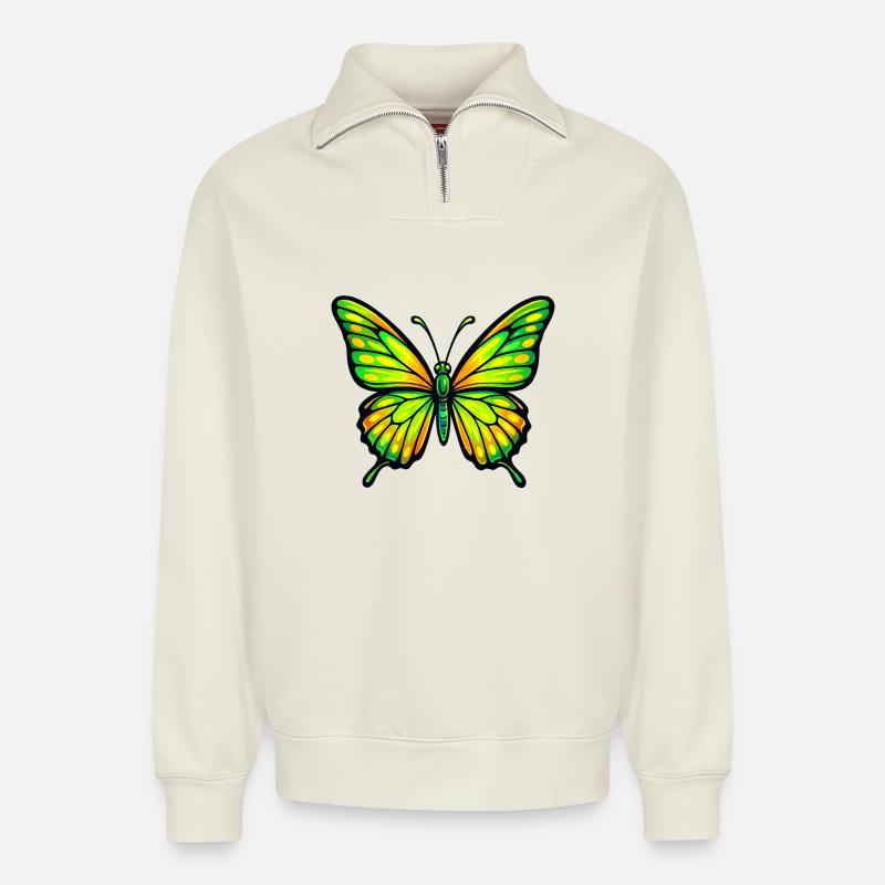 Papillon Vert Éclatant Jaune - Sweat unisexe décontracté en coton biologique à demi-zip – de SPREAD - blanc cassé