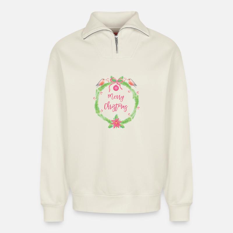 Festliches Weihnachtskranz Merry Christmas - Relaxed Unisex Organic Half Zip Sweatshirt – von SPREAD - Naturweiß