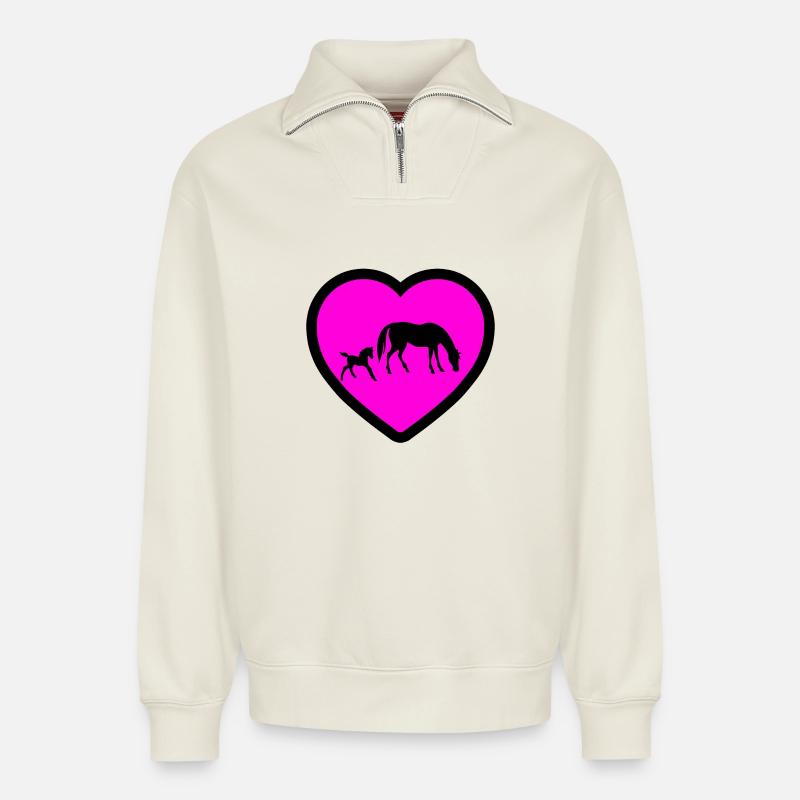 Chevaux - Sweat unisexe décontracté en coton biologique à demi-zip – de SPREAD - blanc cassé