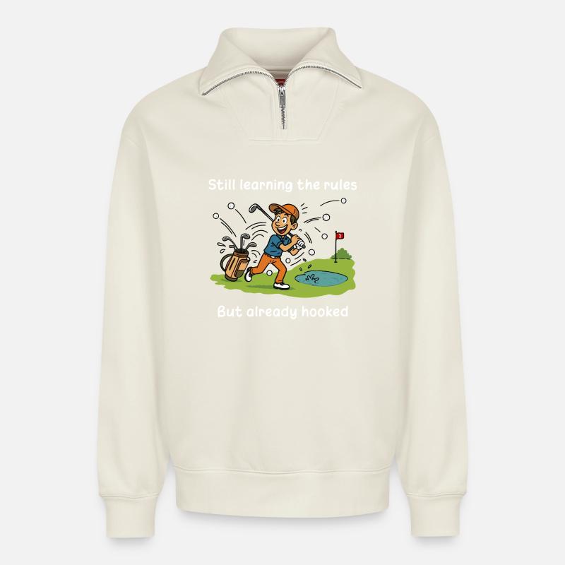 Golf – Stillernen - Relaxed Unisex Organic Half Zip Sweatshirt – von SPREAD - Naturweiß
