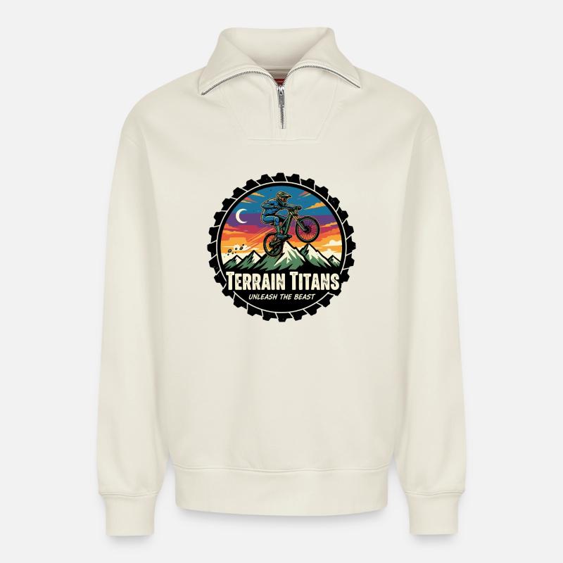 Terrain Titans MTB Unleashed - Relaxed Unisex Organic Half Zip Sweatshirt – by SPREAD - off white