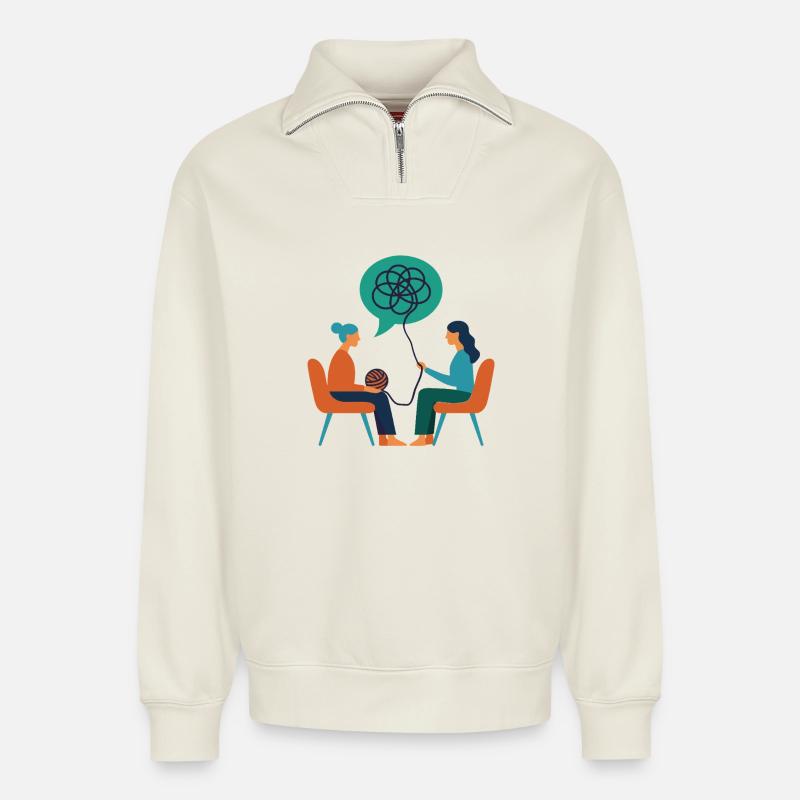 Therapeutin – Psyche Illustration - Relaxed Unisex Organic Half Zip Sweatshirt – von SPREAD - Naturweiß