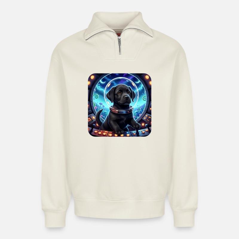 Kosmischer Welpe im Space Cockpit - Relaxed Unisex Organic Half Zip Sweatshirt – von SPREAD - Naturweiß