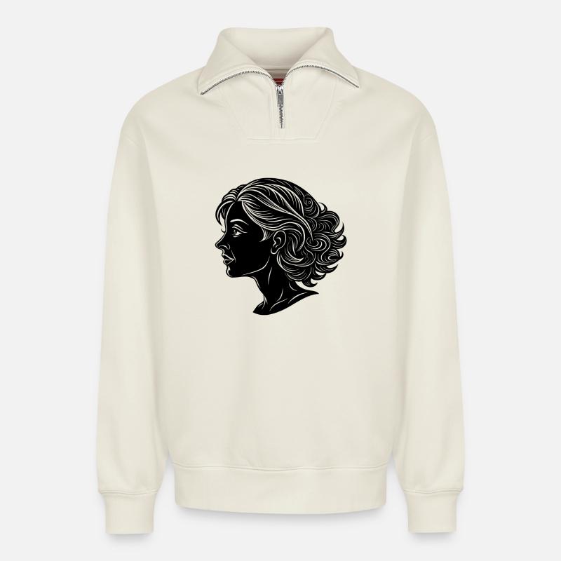 Frauenkopf - Relaxed Unisex Organic Half Zip Sweatshirt – von SPREAD - Naturweiß