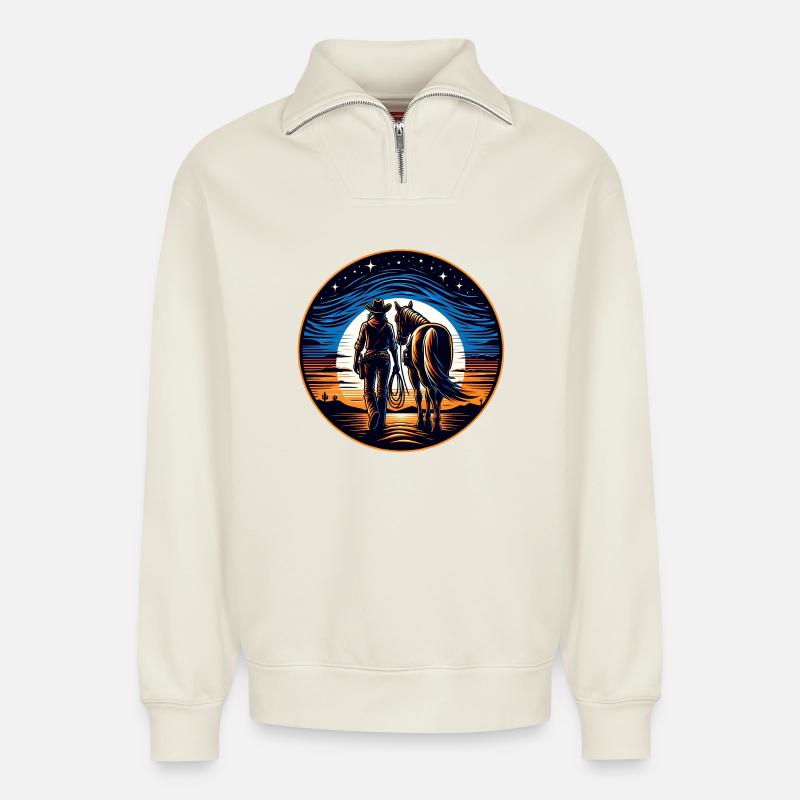Western riders at sunset - Relaxed Unisex Organic Half Zip Sweatshirt – by SPREAD - off white