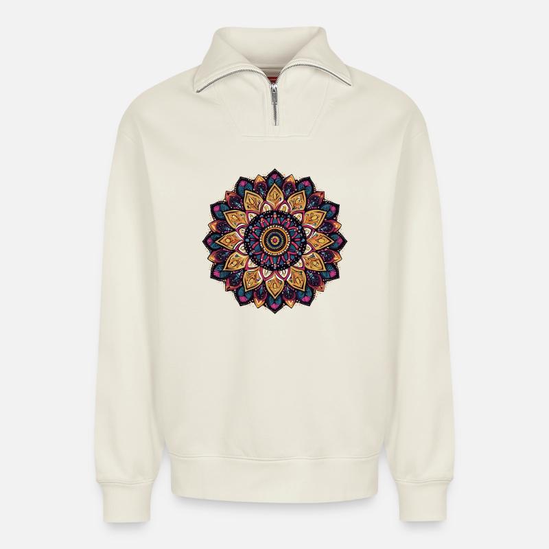 Lebendige Mandala-Blüte - Relaxed Unisex Organic Half Zip Sweatshirt – von SPREAD - Naturweiß