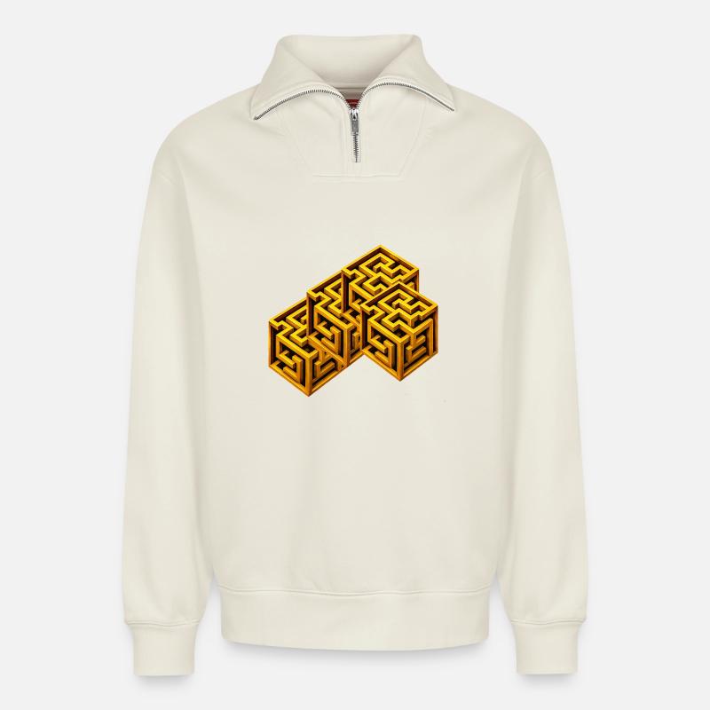 Golden Labyrinth Cube - Relaxed Unisex Organic Half Zip Sweatshirt – by SPREAD - off white