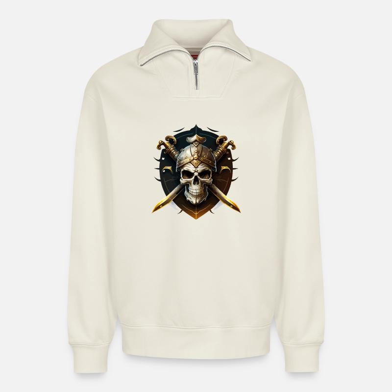 Schädelkrieger mit Helm und Klingen - Relaxed Unisex Organic Half Zip Sweatshirt – von SPREAD - Naturweiß