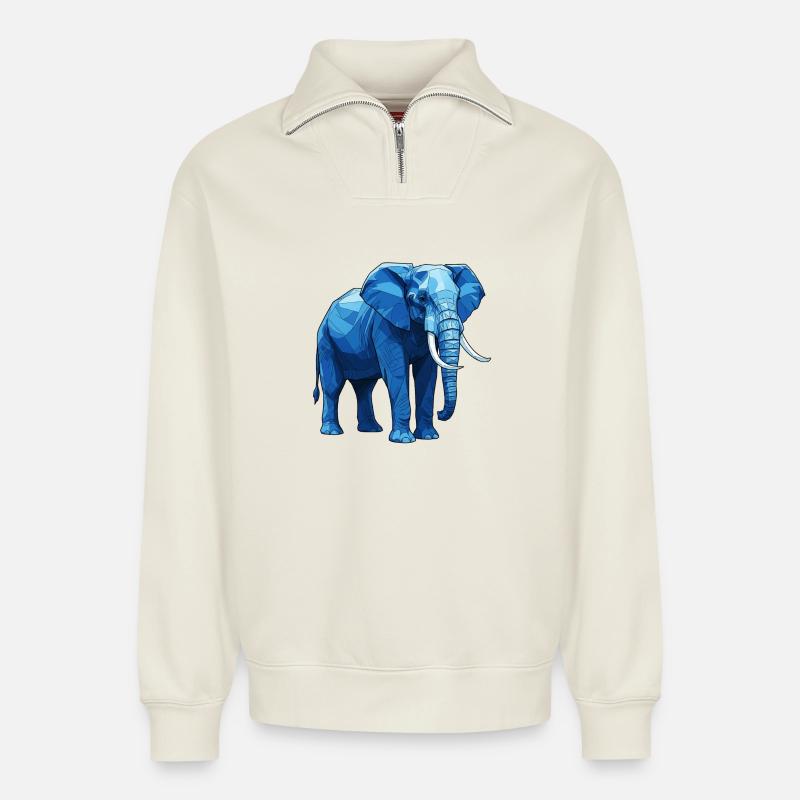 Geometrischer Blauer Elefant - Relaxed Unisex Organic Half Zip Sweatshirt – von SPREAD - Naturweiß