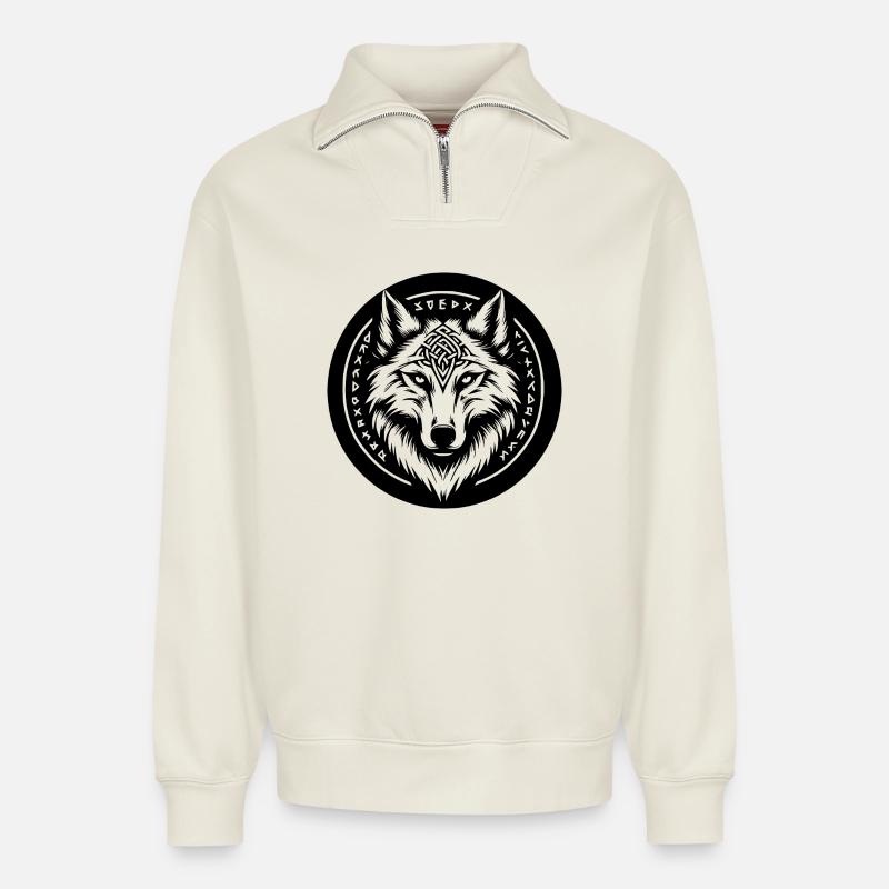 Wolf mit nordischen Symbolen - Relaxed Unisex Organic Half Zip Sweatshirt – von SPREAD - Naturweiß