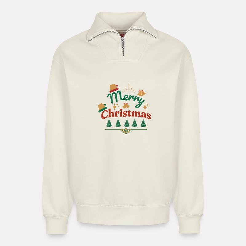 Merry Christmas Retro Print - Relaxed Unisex Organic Half Zip Sweatshirt – by SPREAD - off white
