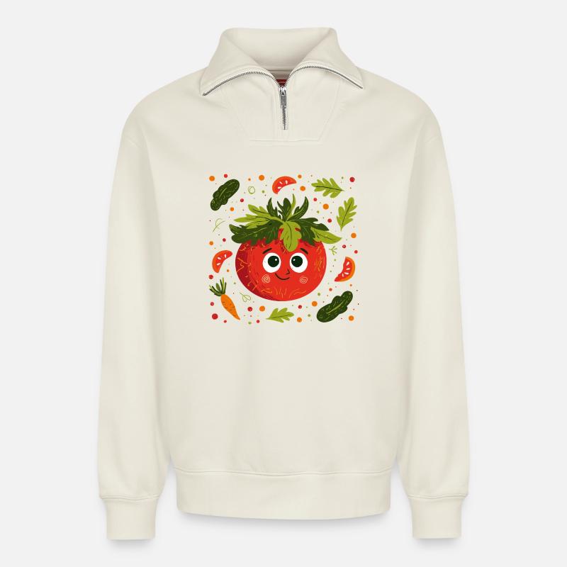 Fröhliche Tomate mit Kräuterkrone - Relaxed Unisex Organic Half Zip Sweatshirt – von SPREAD - Naturweiß