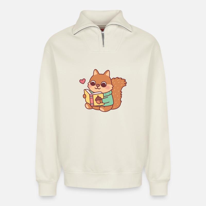 Niedliches Eichhörnchen liest ein Buch - Relaxed Unisex Organic Half Zip Sweatshirt – von SPREAD - Naturweiß