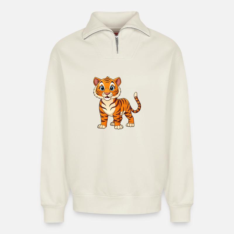 Cartoon-artiger Tiger - Relaxed Unisex Organic Half Zip Sweatshirt – von SPREAD - Naturweiß