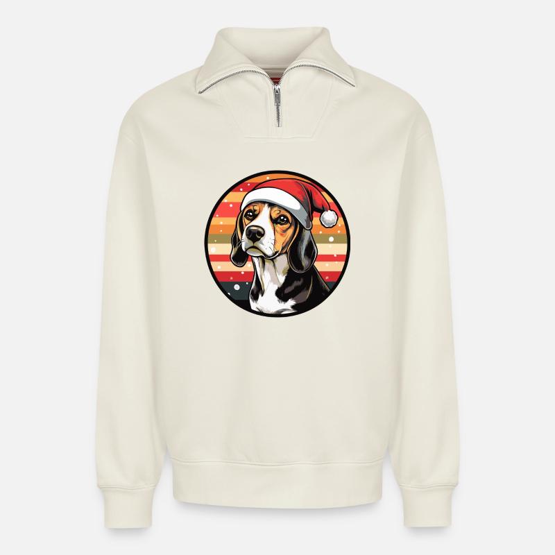 Beagle mit Weihnachtsmannhut - Relaxed Unisex Organic Half Zip Sweatshirt – von SPREAD - Naturweiß