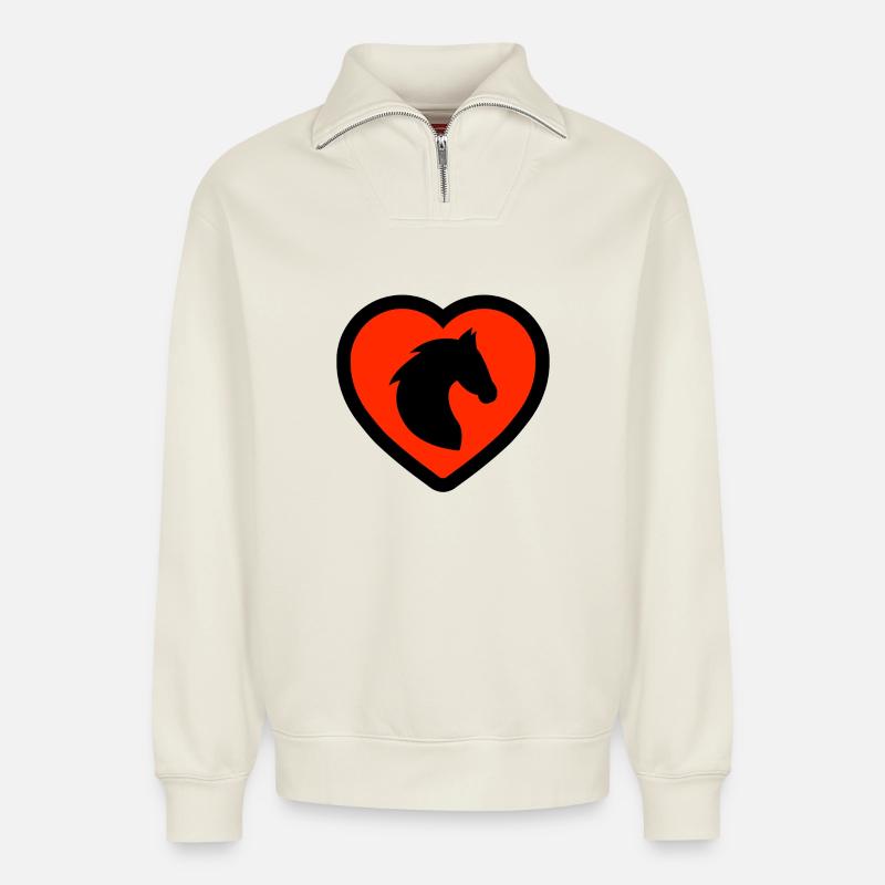 Chevaux - Sweat unisexe décontracté en coton biologique à demi-zip – de SPREAD - blanc cassé