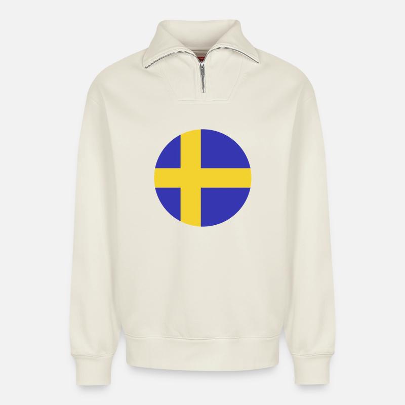 Schweden-Flaggenrunde - Relaxed Unisex Organic Half Zip Sweatshirt – von SPREAD - Naturweiß