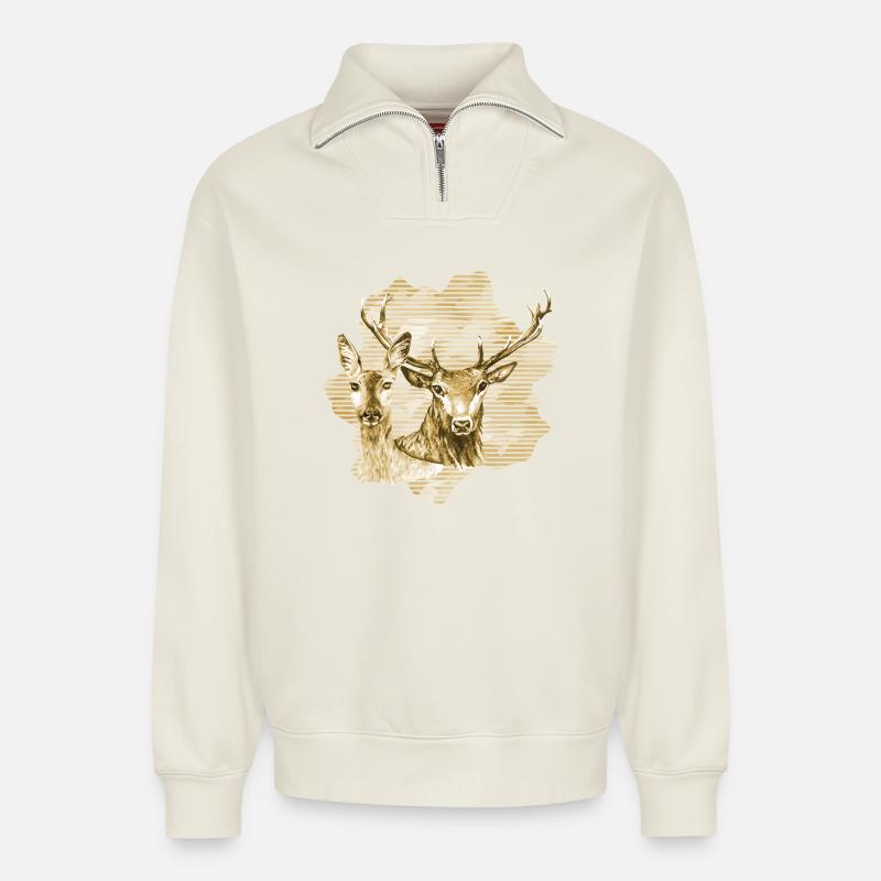 Rehe und Hirsche - Relaxed Unisex Organic Half Zip Sweatshirt – von SPREAD - Naturweiß