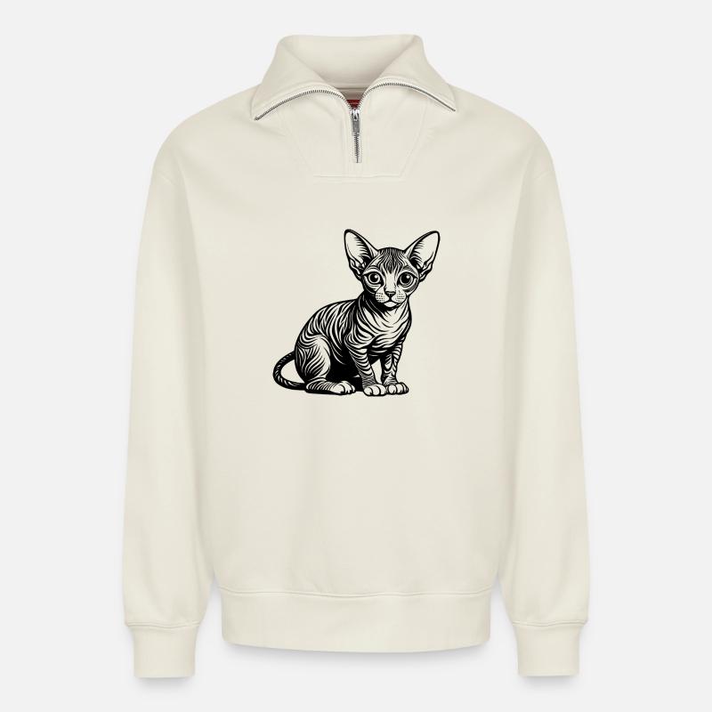 Chat Sphynx - Sweat unisexe décontracté en coton biologique à demi-zip – de SPREAD - blanc cassé