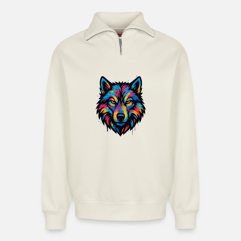 Neonwolf Kopf Kunst - Relaxed Unisex Organic Half Zip Sweatshirt – von SPREAD - Naturweiß