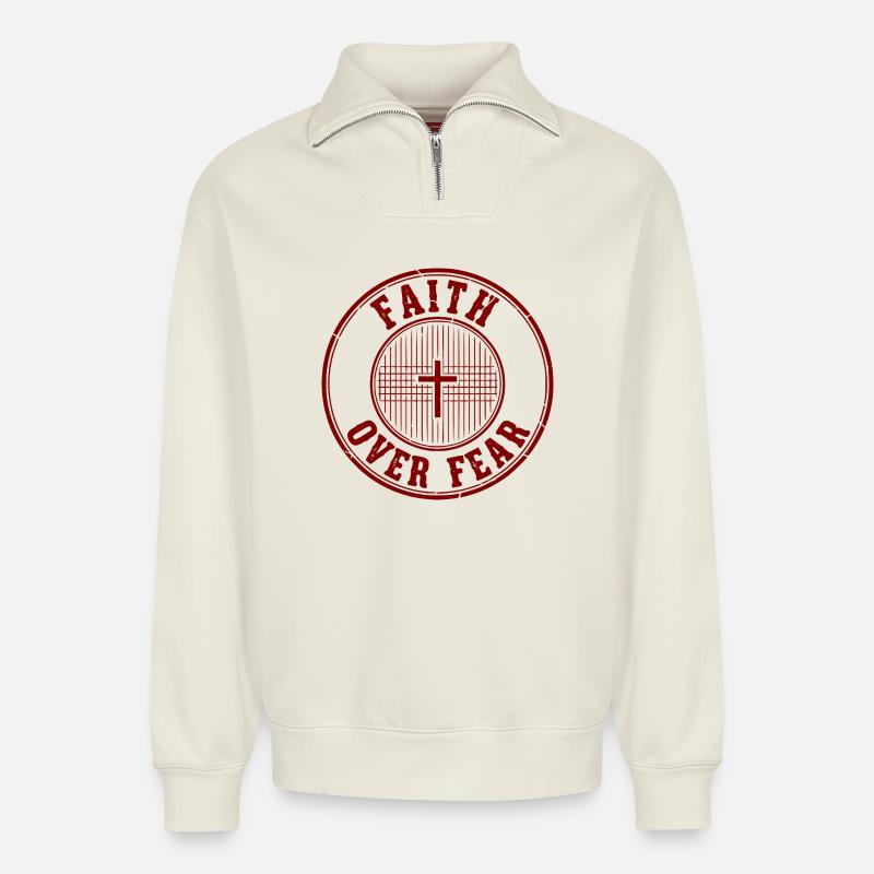 Glaube über Angst Emblem - Relaxed Unisex Organic Half Zip Sweatshirt – von SPREAD - Naturweiß