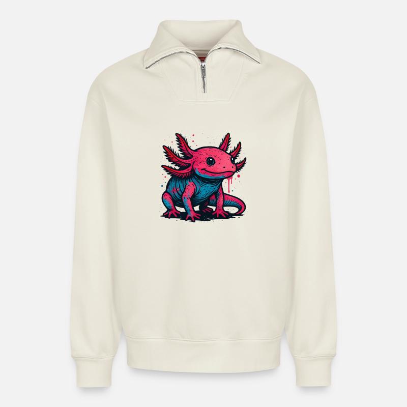 Neon Axolotl Spritzer - Relaxed Unisex Organic Half Zip Sweatshirt – von SPREAD - Naturweiß